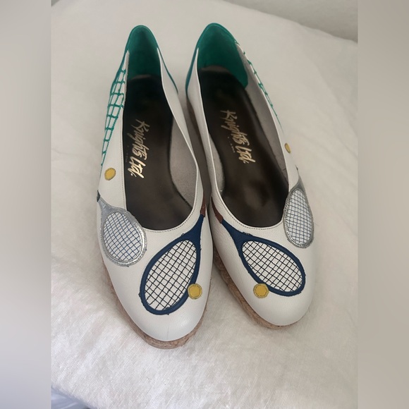 Knights Apparel Shoes - Knights Apparel White Espadrille Flats with Navy and Teal Tennis Motif